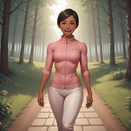score_9, score_8, BREAK, solo, wii, mii, wii sports, 1girl, female mii, black eyes, black hair, black eyebrows, dark skin, open mouth, pink clothing, white pants, sneakers, nintendo mii, modern_mii, classic_mii, breasts, sakura_(wii_sports), cute, sexy pose, smile, outdoors, sunlight, shadows, evening lighting, natural lighting, forest, trees, grass, orange sky, sunset
