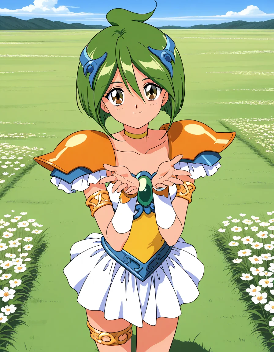 general,highres, ultra-detailed,very aesthetic,best quality ,best hands, BREAK <lora:Tamano_Hinagiku_IS:1> Tamano_Hinagiku, 1girl,solo, green hair, short hair, brown eyes, hair between eyes, 1990s (style),anime coloring,
solo, green eyes, flower, smile, skirt, choker, looking at viewer, armor, armlet, jewelry, magical girl, thighlet, ahoge, outdoors, white skirt, shoulder armor, pauldrons, day, hair ornament, collarbone, shoulder pads
grass, sky,