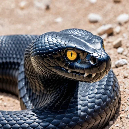 black cobra ,in the desert  , with yellow eyes, covered with black scales, bearing its pure white fangs in its open mouth