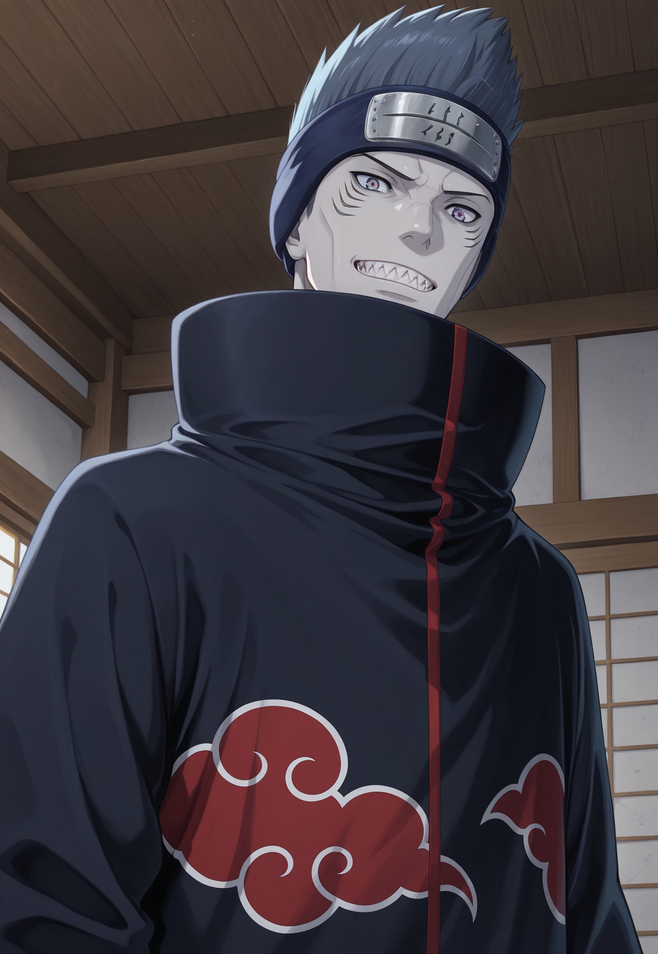masterpiece, best quality, amazing quality, very aesthetic, absurdres, newest, naruKisa, hoshigaki_kisame, 1boy, solo, akatsuki uniform, forehead protector, ninja, sharp teeth, upper body, indoors, bedroom