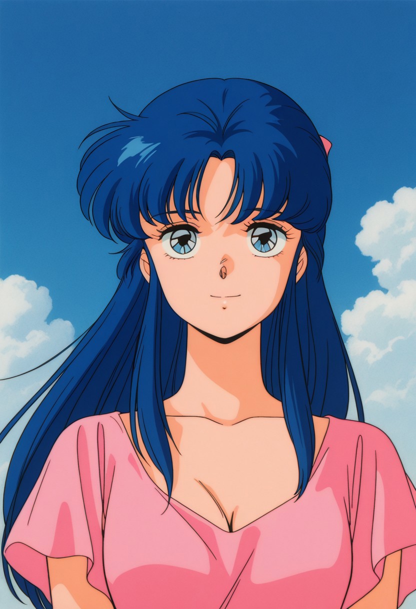 masterpiece, best quality, source_anime,official art,perfect_anatomy,1980s_\(style\),retro_artstyle,1girl,solo,yui kamishiro,1girl,blue eyes,blue hair,long hair,pink dress,looking_at_viewer,smile,breasts,cleavage,upper body,day,blue_sky,cloud,