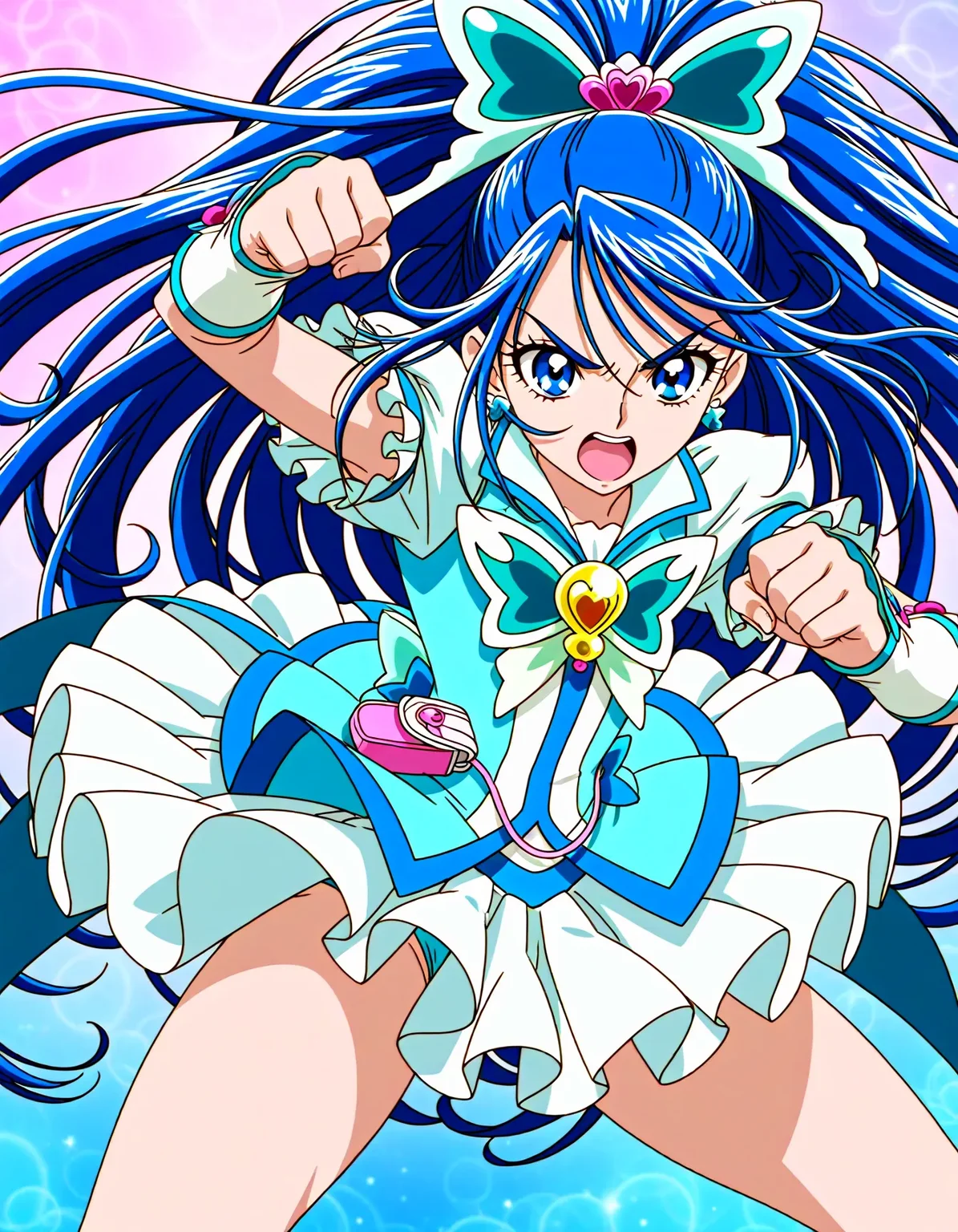 <lora:dmd2_sdxl_4step:1>,1girl,official style,masterpiece,best quality,newest,very aesthetic,highly detailed,high resolution,absurdres,highres,depth of field,super detailed skin,very awa,Anime,anime coloring,anime screencap,<lora:cure_aqua_v1:1>,cure aqua,abstract_background,angry,thighs,fighting_stance,punching,