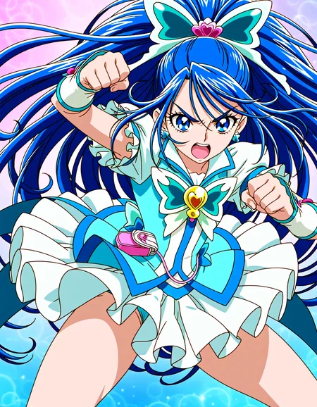 <lora:dmd2_sdxl_4step:1>,1girl,official style,masterpiece,best quality,newest,very aesthetic,highly detailed,high resolution,absurdres,highres,depth of field,super detailed skin,very awa,Anime,anime coloring,anime screencap,<lora:cure_aqua_v1:1>,cure aqua,abstract_background,angry,thighs,fighting_stance,punching,