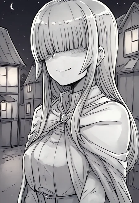 score_9, score_8_up, score_7_up, score_6_up, score_5_up, score_4_up, source_anime, uncensored, zPDXLxxx, <lora:intricate_details:0.5> intricate_details_xl, outdoors, town, night, night sky, face focus, upper body, profile,
<lora:Momo_MCFIEC_v1.0:1> Momo, 1girl, solo, long hair, hair over eyes, monochrome, greyscale, looking at viewer, blunt bangs, hime cut, knee boots, covered eyes, collarbone, long bangs, facing viewer, dress, cape, capelet,
<lora:smug face meme(SDXL):1> smug