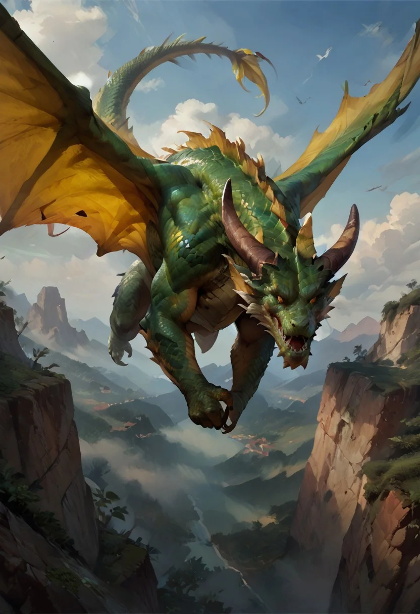 score_9, score_8_up, score_7_up, Unfazed dragon, green dragon, flying, sky, yellow eyes, teeth, wings up, tail, horns, solo, couds, score_9, score_8_up, score_7_up
