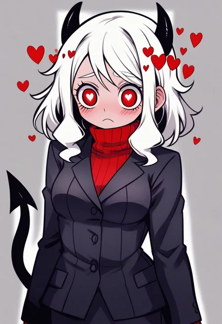 <lora:flattening-ponyxl-v1:1.3>, ,, Modeus_(Helltaker),horns, heart, demon girl, demon horns, heart-shaped pupils, symbol-shaped pupils, black horns, medium hair,demon tail, sweater, red sweater, tail, ribbed sweater, long sleeves, turtleneck, black jacket, formal, suit,, Anime eyes, anime face,<lora:add-detail-xl:0.7> <lora:xl_more_art-full_v1:0.1>