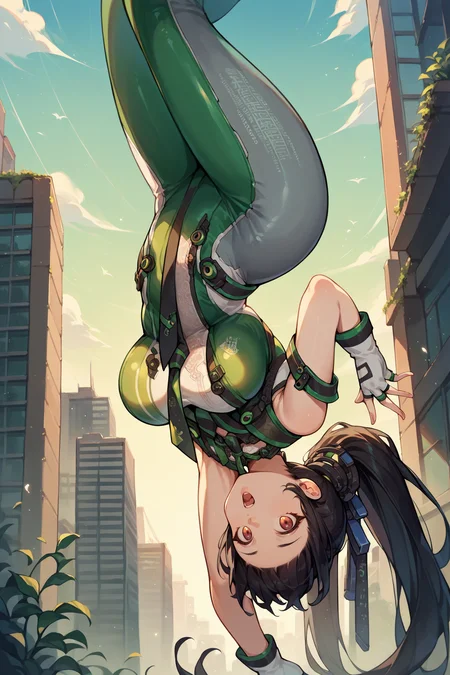 score_9, score_8_up, score_7_up, score_6_up, source_anime, 1girl, solo, <lora:sbeve-pdxl-nvwls-v1-000006:1> defEve, black hair, long ponytail, necktie, green and white bodysuit, sleeveless, fingerless gloves, grey pants, big breasts, upside down, looking at you, open mouth, city, blue sky