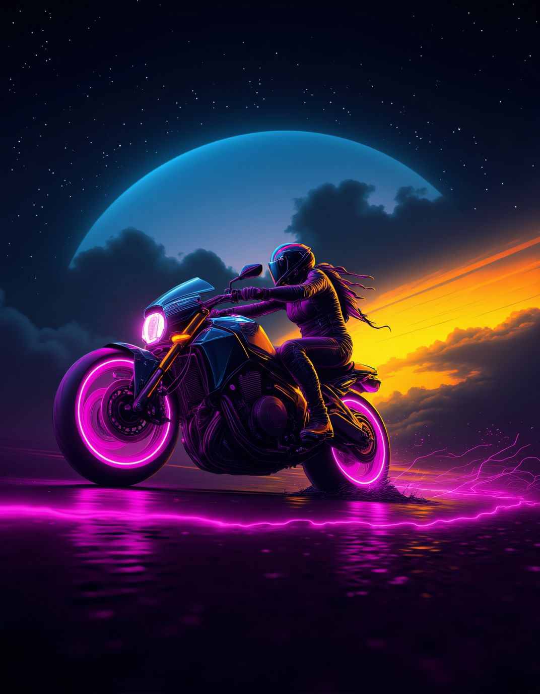 <lora:ck-Neon-Retrowave:1>, ck-nw, in the style of ck-nw, side view of a woman riding a motorcyle, at night, sundown and stary night in the background