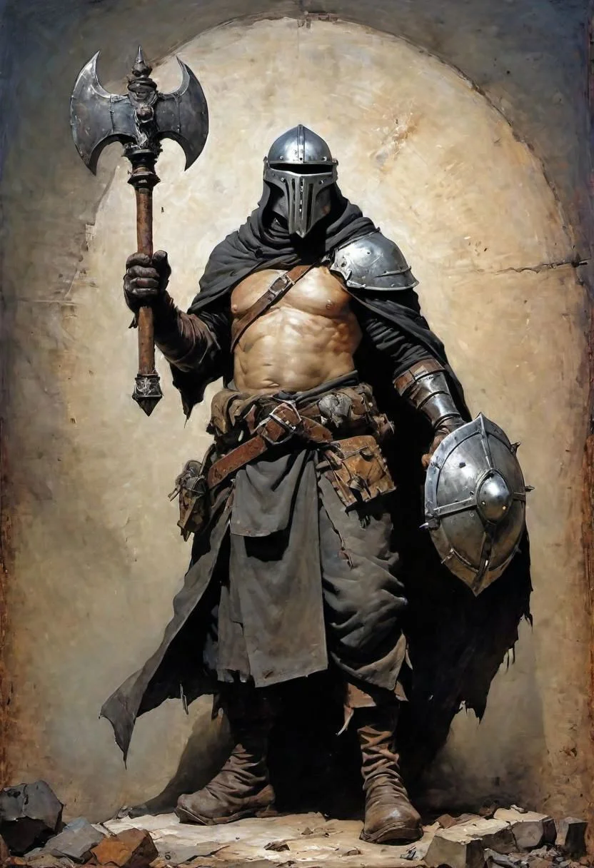 videogame art of (ragged, human barbarian, brigand, holding a giant metal mace, wearing leather tunic, metal plates and cloth shaped helmet, sewn together), praetorian, warhammer, gothic, legion, by Jean-Baptiste Monge and Nicola Samori,