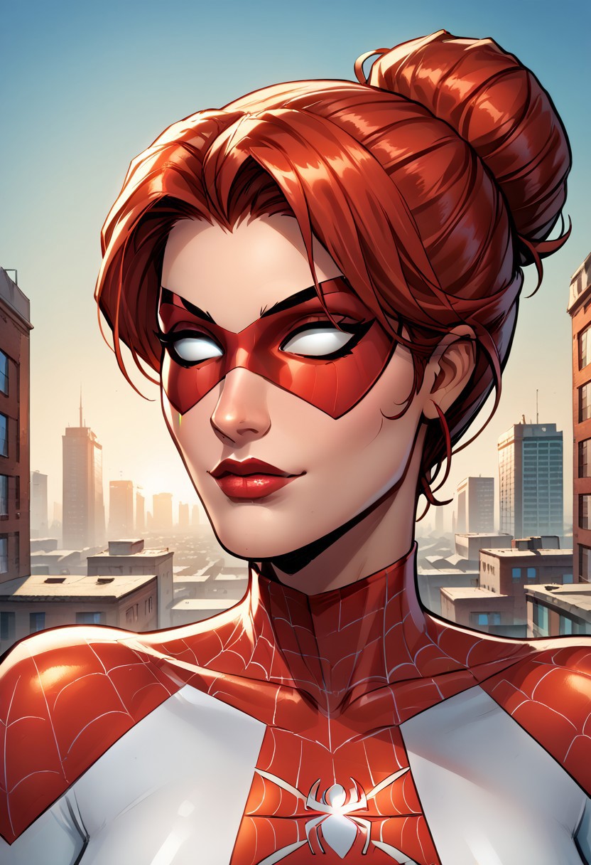 Erik Larsen pencil style, score_9, score_8_up, score_7_up,
1girl, imtdspinneret, beautiful,mask,  red domino mask,blank eyes,white eyes,mature,white covered eyes, bodysuit, spider web print, red hair, hair bun, single hair bun,  New York city, building background, day, hyperrealistic, high res image.,face close up,portrait,very close up,face only view