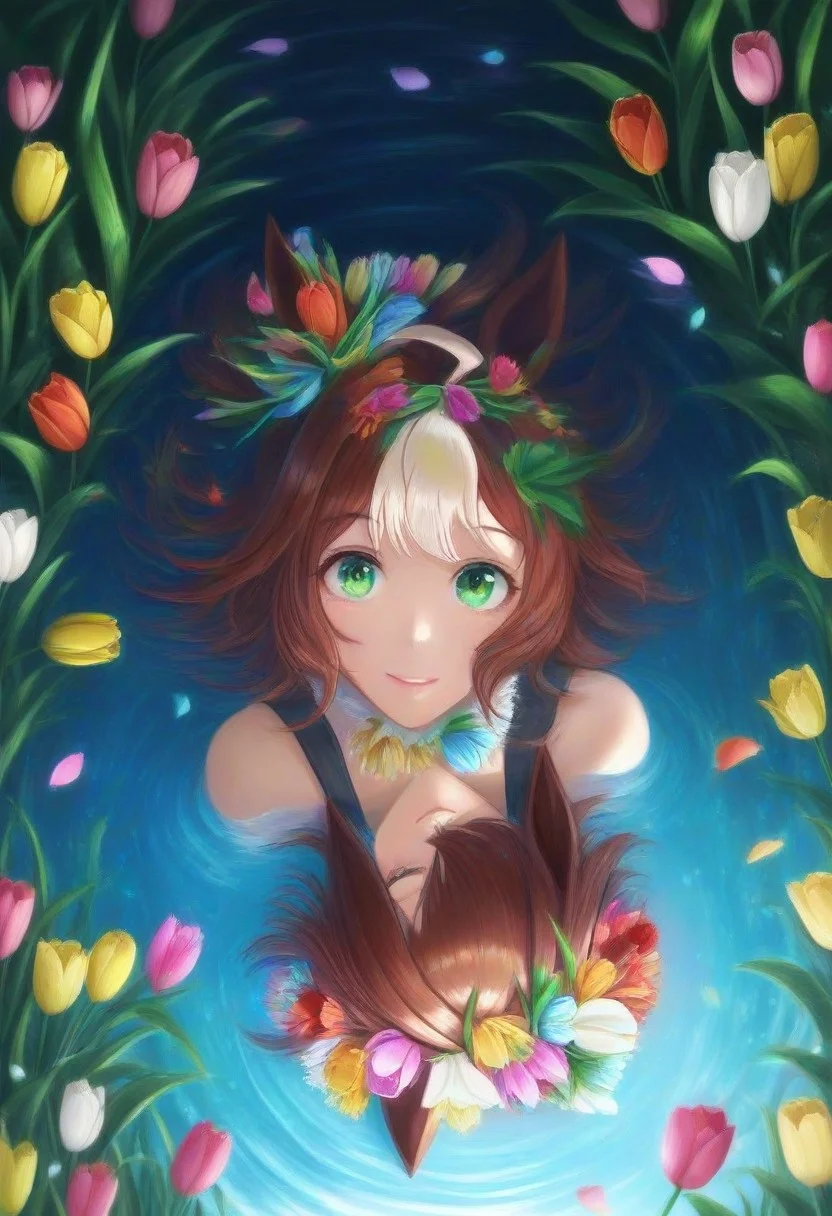 (umamusume, rhein_kraft_(umamusume), horse_ears, horse_girl, tail, 1girl, ahoge, animal_ears,)
casual, Tulip,Tulip flower, Tulip flower_field,
head_wreath, looking_at_viewer, solo, aesthetic, absurdres, symmetric , , g0ldsw0rthy,
(realistic, photo, artistic, medium_hair, one_eye_closed, petals, relaxing, smile, spiralling vortex made of multicoloured tulips, lush foliage sunrise, ripples, reflective, jaynl-tm, rainbow,green_eyes, hair_between_eyes, hair_ornament, : 0.7)