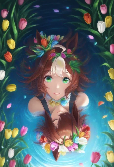 (umamusume, rhein_kraft_(umamusume), horse_ears, horse_girl, tail, 1girl, ahoge, animal_ears,)
casual, Tulip,Tulip flower, Tulip flower_field,
head_wreath, looking_at_viewer, solo, aesthetic, absurdres, symmetric , , g0ldsw0rthy,
(realistic, photo, artistic, medium_hair, one_eye_closed, petals, relaxing, smile, spiralling vortex made of multicoloured tulips, lush foliage sunrise, ripples, reflective, jaynl-tm, rainbow,green_eyes, hair_between_eyes, hair_ornament, : 0.7)