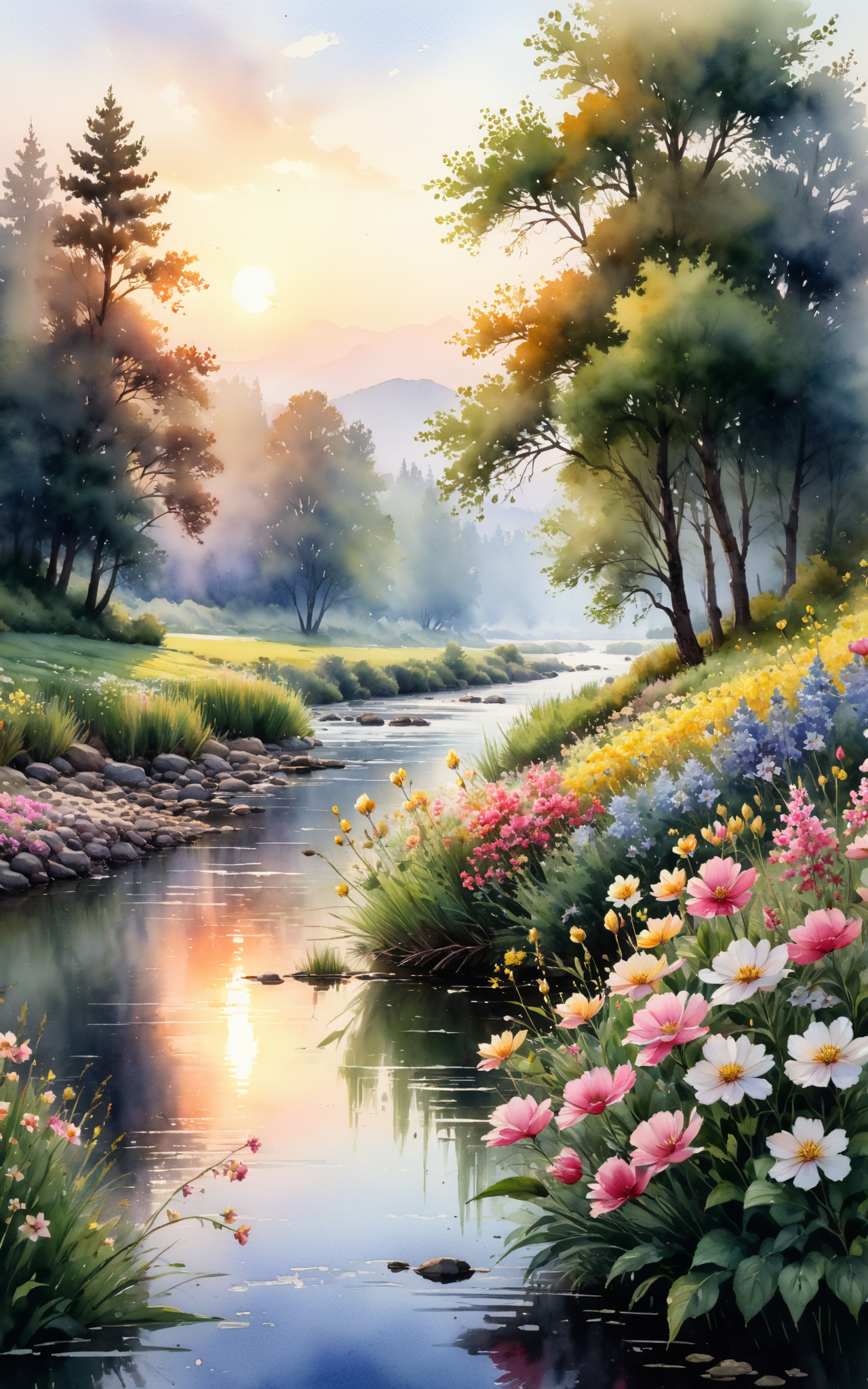 Beautiful landscape, dawn, flowers, river, trees, Watercolor, trending on artstation, sharp focus, studio photo, intricate details, highly detailed, by greg rutkowski<lora:xl_more_art-full_v1:0.5>