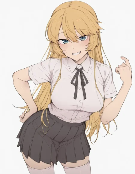 <lora:mdf-illustrious-000020:0.75> oj0ubr0nd, medium breasts, collared shirt, neck ribbon, black skirt, pleated skirt, white thighhighs,
1girl, solo, hand on own hip, grin, upper body