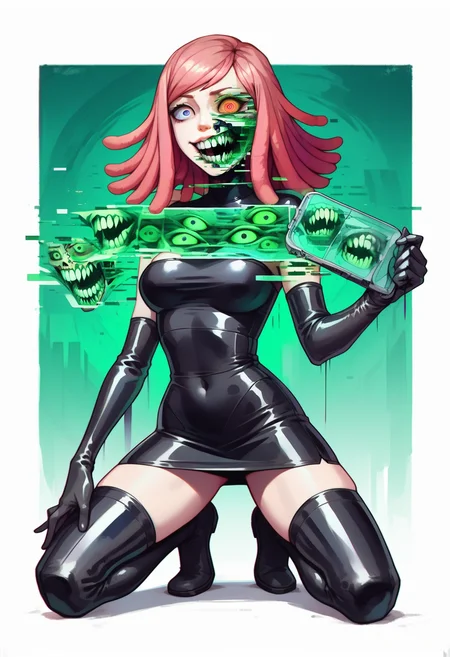 score_9, score_8_up, score_7_up, 1girl, Mei Hatsume, latex thighhighs, latex elbow gloves, latex tube top, latex skirt, crazy eyes, on one knee, simple background, wool background,  <lora:ghostglitch-civit:1> ghostglitch, skeleton, extra eyes, teeth