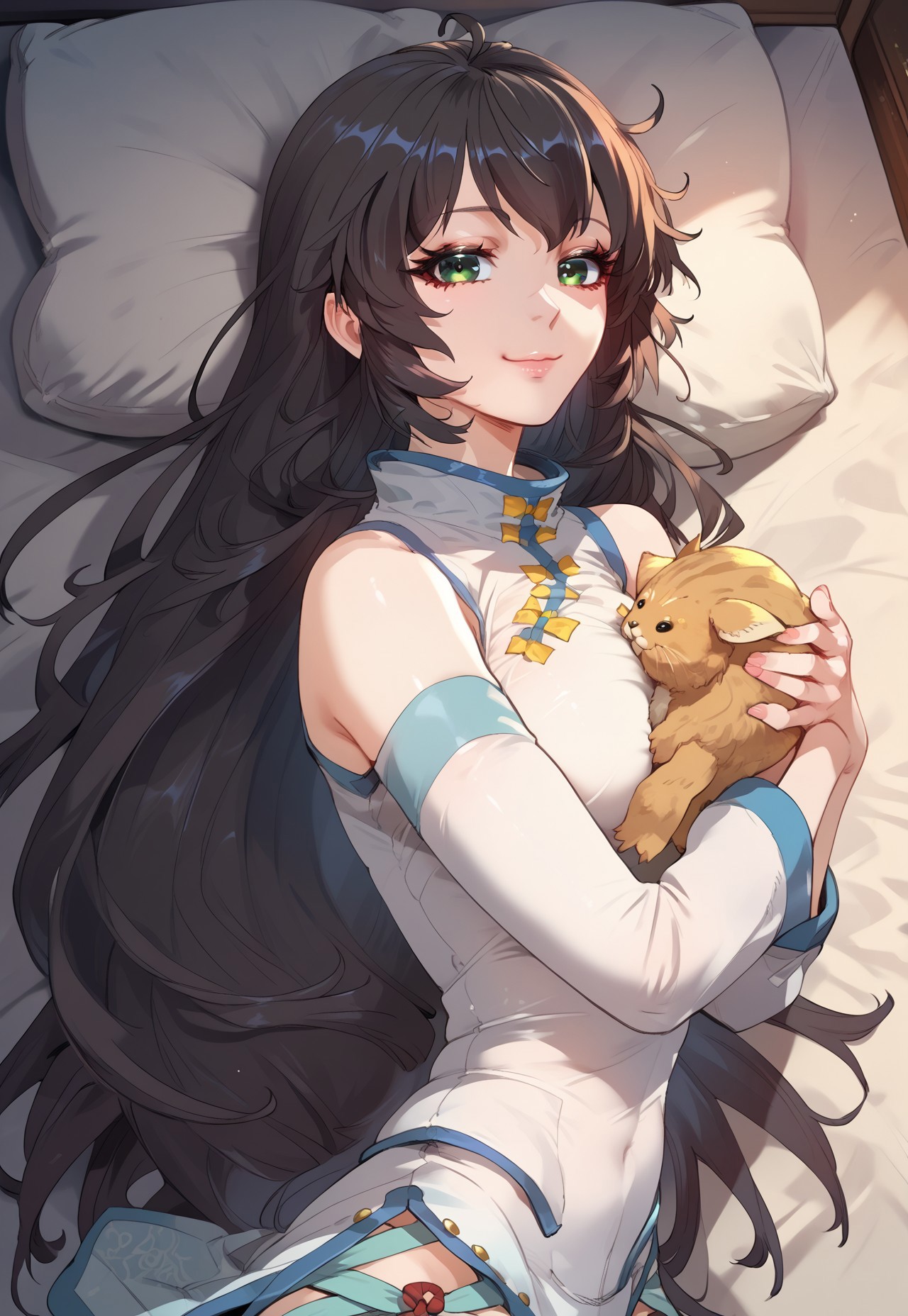 safe_pos, zPDXL3, score_9_up, score_8_up, score_7_up, Anime_source, 1girl, SueLiyue, green eyes, black hair, long hair, siting on bed, night, from above, hugging pillow, Liyue clothes, looking at viewer, cowboy shot, smile