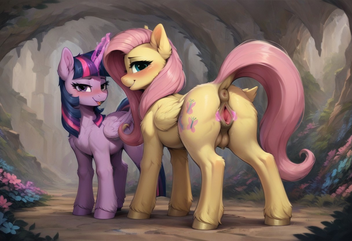 score_9, score_8_up, score_7_up,dark theme, low light, duo female, assisted spreading, ((feral pony)), ((twilight sparkle, purple fur)), ((fluttershy)), unicorn, glowing horn, m4g1c_spr34d, purple magic, spread pussy, crotchboobs, puckered anus, tongue out, looking back at viewer, moaning, smirk