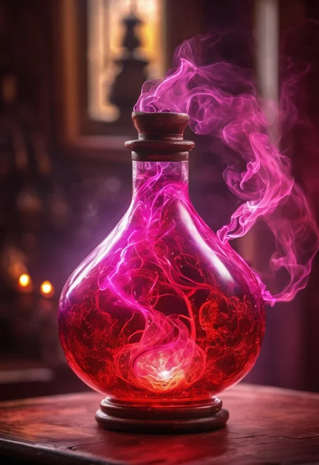 Score_9, Score_8_up, Score_7_up, Score_6_up, Score_5_up, Score_4_up, high_def, highest quality, 4k, best quality, masterpiece, no humans, object focus, focused, defined, (Photorealistic magic potion:1.3), intricate glass bottle, elixir, (skull inside potion:0.7), neon red colors, pink hues, bubbling, ethereal light, flashy lights, magic lights, luminous, dynamic reflections, magical aura, highly detailed, fantasy essence, glowing particles, radiant aura