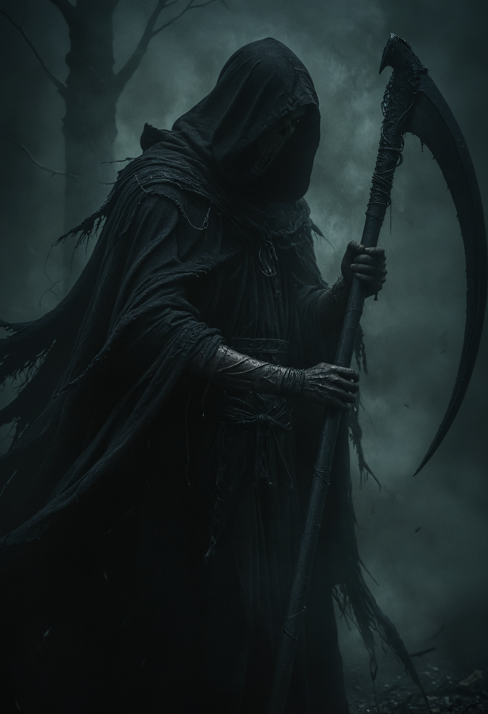 black theme, Grim Reaper in a dark and eerie style, holding a single large scythe, cloaked in dark, tattered robes, surrounded by mist, and face hidden beneath a hood, muted colors, insane detailed, epic fantasy character, <lora:Into_Darkness:0.4>, <lora:ral-ertmsphr:0.3>, <lora:- SDXL - vanta-black_contrast_V3.0:0.3>, <lora:DetailMaximizer:0.7>, <lora:CinematicStyle_v1:0.8>