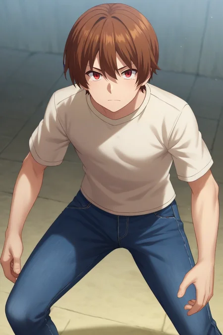 score_9, score_8_up, score_7_up, source_anime, rating_safe, , (photorealistic:0.6), looking at viewer, , 1boy, solo, male focus, <lora:keyaru_kaifuku_jutsushi_pony:0.76>, keyaru_kaifuku_jutsushi, brown hair, red eyes, short hair, hair between eyes, bangs, aged down, , symmetry, fuji mountain, dusk, (dynamic pose), tearing up, denim jeans,, <lora:sdxl_lightning_8step_lora:1>