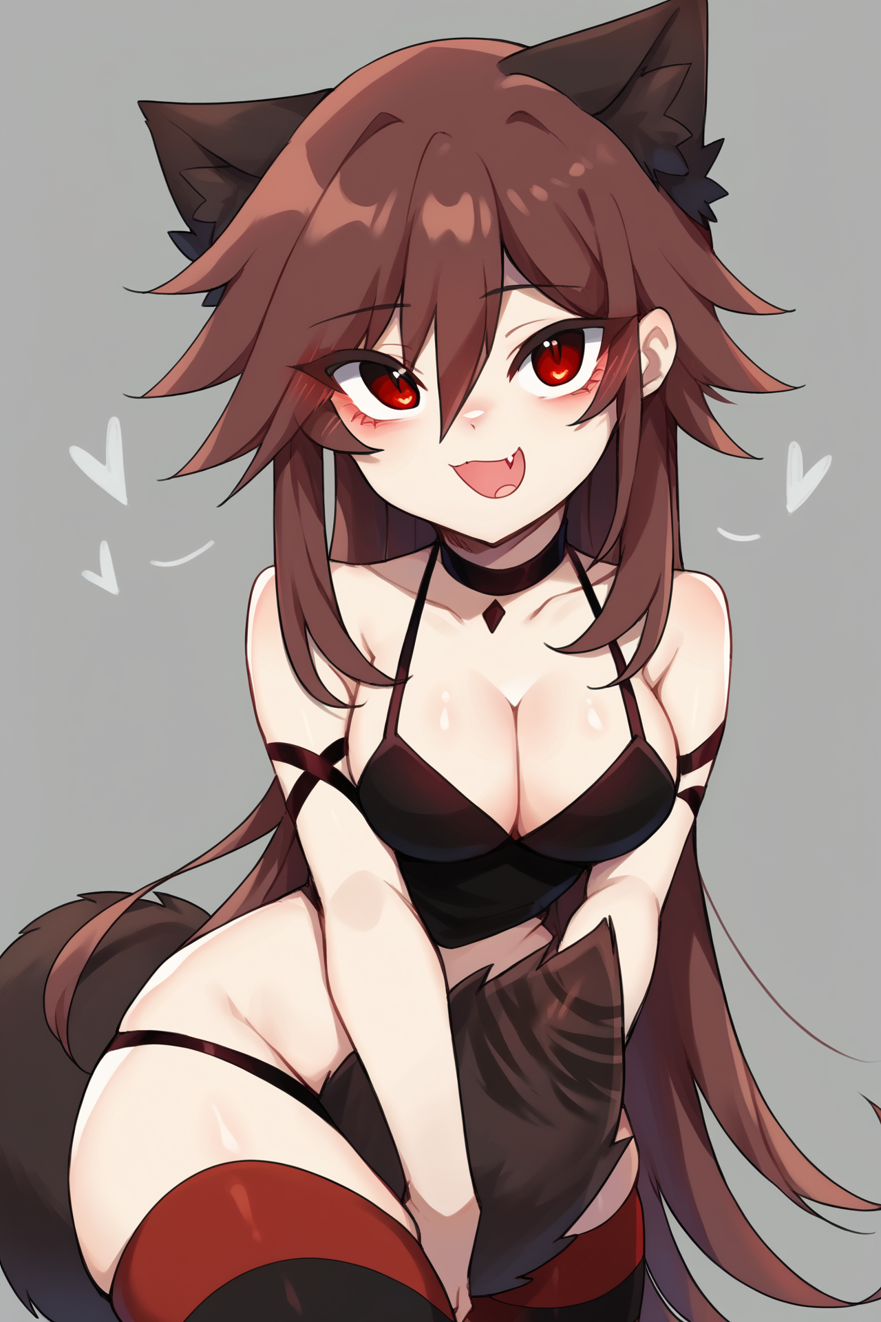 score_9, score_8_up, score_7_up, source_anime, 1girl, solo, <lora:Crdyiaa-OC_epoch_7:1.0>
crydiaa-oc, x-pics, red eyes, smile, animal ears, bangs, open mouth, wolf tail, tail, red hair, brown hair, wolf ears, hair between eyes, eyes visible through hair, fang, thighs, very long hair, blush, long hair, animal ear fluff,
cowboy shot, grey background, looking at viewer, simple background,
striped thighhighs, choker, black thighhighs, cleavage, striped, thighhighs, collarbone, black choker, red thighhighs,
tail censor, heart, holding own tail, covering, tail between legs