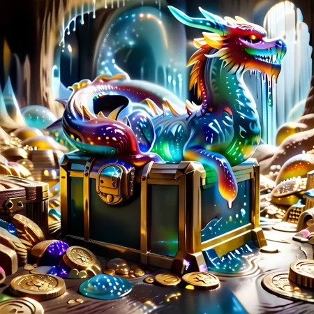 1dragon, highly detailed blue dragon, blue dragon made out of slime, scaly blue slime dragon, slime dragon with red eyes, blue slime dragon laying in its hoard, blue slime dragon with wings, dragon wings,
multi-colored gems made out of slime, in a room of treasure made out of slime, gold coins and bars made out of slime, wood-like treasure chest made out of slime, wood-colored slime chest, individual coins made out of slime, gold slime coins, piles of coins,
treasure-room, treasure, treasure chest, gemstone, coins, gold bars, gold pile,
everything made of slime, No simple background,
((translucent slime)), ((transparent slime)), (bioluminescent slime), sl1m3, slime, ais-blmn, watce, je11y, thickwater, great lighting, ral-lava, even lighting, no bright spots,