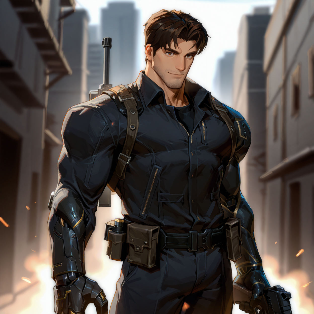 <lora:WINTER_SOLDIER_TB-05(1):.7>, >buki, male focus, solo, short hair, brown hair, 1boy, gloves, handsome, smile, holding, closed mouth, (open jacket), male focus, weapon, outdoors, ((one mechanical arm)), open fly, black gloves, belt, fingerless gloves, holding weapon, gun, holding gun, shotgun, ((single mechanical arm)), curtained hair, utility belt, pouch, submachine gun, dynamic view
cowboy shot, 
(very short hair, beard, bara, mature, facial hair, stubble, beard, full beard, sideburn, beard, a lot of beard, ), facial hair,male focus, muscular male, muscular male, bara, mature,  bara, mature, aixiwuganda_(20222192), very awa, masterpiece, best quality, absurdres, newest, perfect quality, detailed background, intricate details,
<lora:slider_Body Type_alpha1.0_rank4_noxattn_last:3><lora:Anime Summer Days 2 Style SDXL_LoRA_Pony Diffusion V6 XL:.6><lora:slider_cfg_scale_boost:.7><lora:Artist6p:.55>, Artist6p, Artist04p,<lora:slider_il_brightness_slider_d1:-1><lora:slider_il_contrast_slider_d1:-1><lora:slider_DarkSlider1.2_alpha1.0_rank16_full_300steps:-.6>