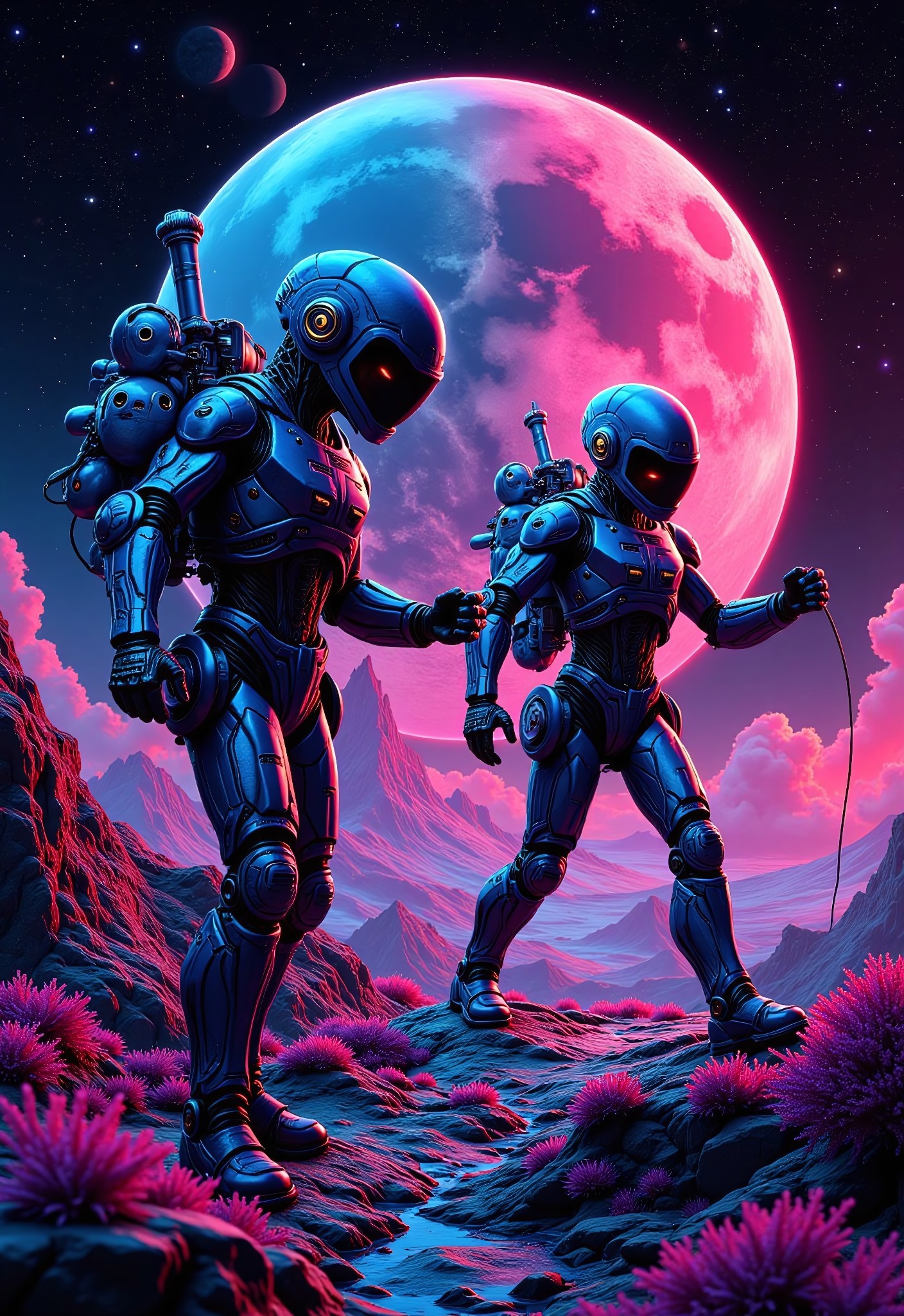 aidmaimageupgrader, a high quality digital image of Metagalactic Synthwave Disco Androids Battle at the Edge of Time