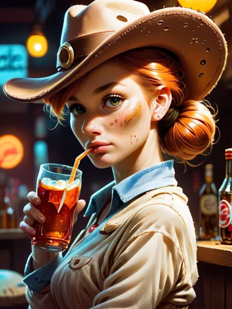 solo portrait 1girl sheriff indoors scene, visit cantina, gorgeous , cowboy hat, dust dirt, western city  street, drinking alcohol-free soda at bar in a saloon
 pny-safe