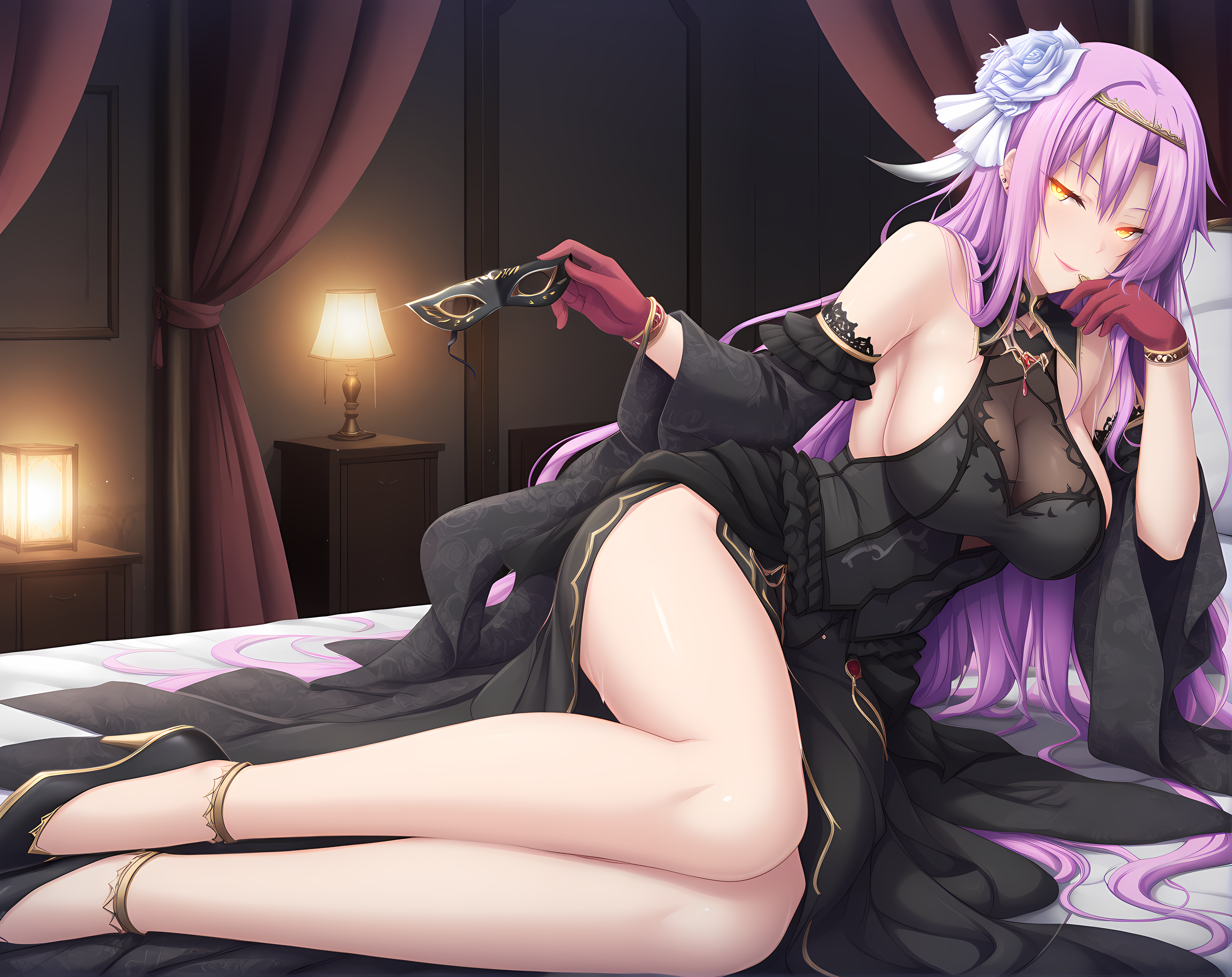 <lora:Feruano:1>,feruano,purple hair,hair between eyes,very long hair,large breasts,yellow eyes,glowing eyes,dark room,ball,evening gown,masquerade mask,holding,seductive smile,cross-laced slit,see-through cleavage,side slit,panty straps,long legs,high heels,, masterpiece,best quality,amazing quality, very aesthetic, absurdres,detailed eyes,ultra-detailed,