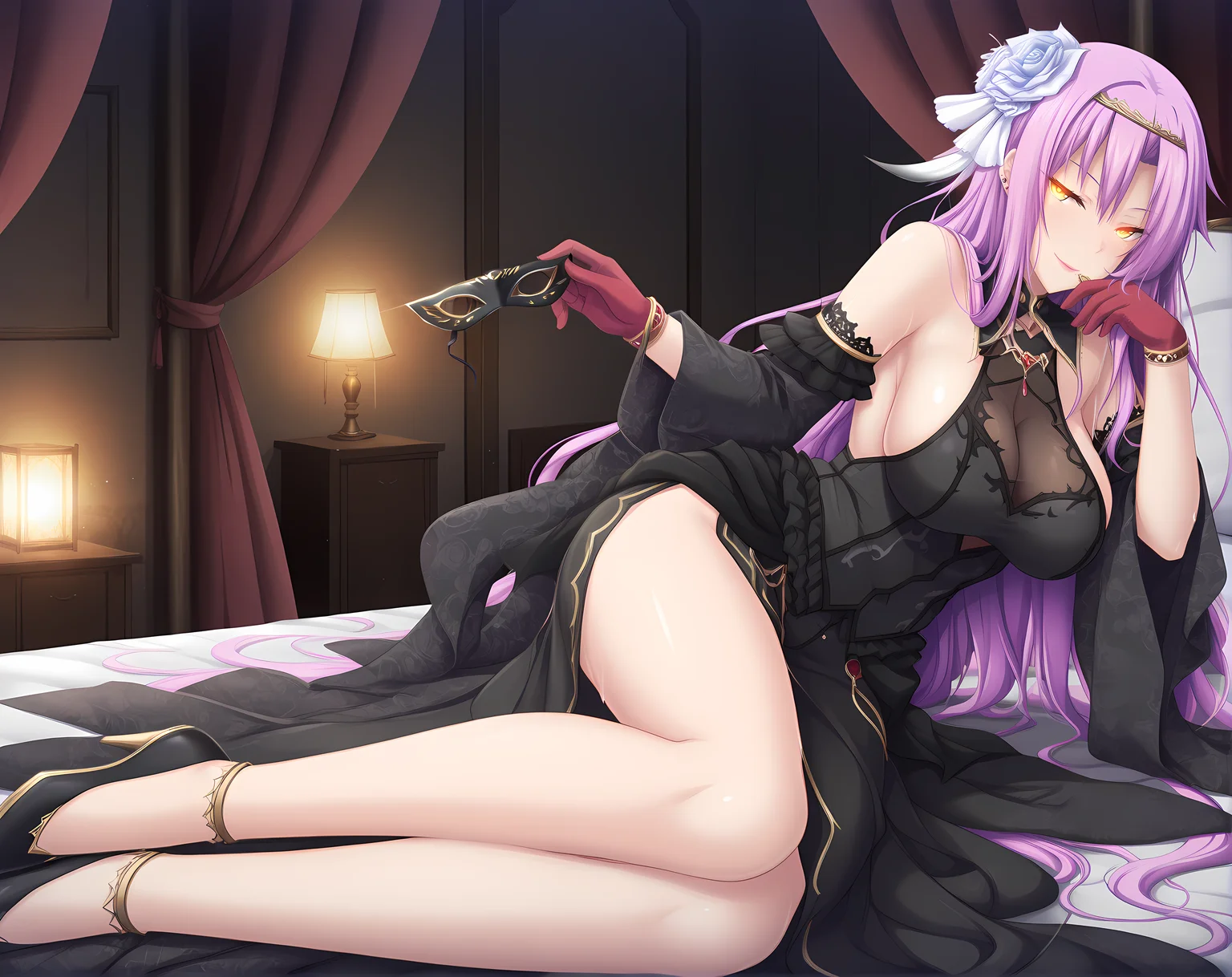 <lora:Feruano:1>,feruano,purple hair,hair between eyes,very long hair,large breasts,yellow eyes,glowing eyes,dark room,ball,evening gown,masquerade mask,holding,seductive smile,cross-laced slit,see-through cleavage,side slit,panty straps,long legs,high heels,, masterpiece,best quality,amazing quality, very aesthetic, absurdres,detailed eyes,ultra-detailed,