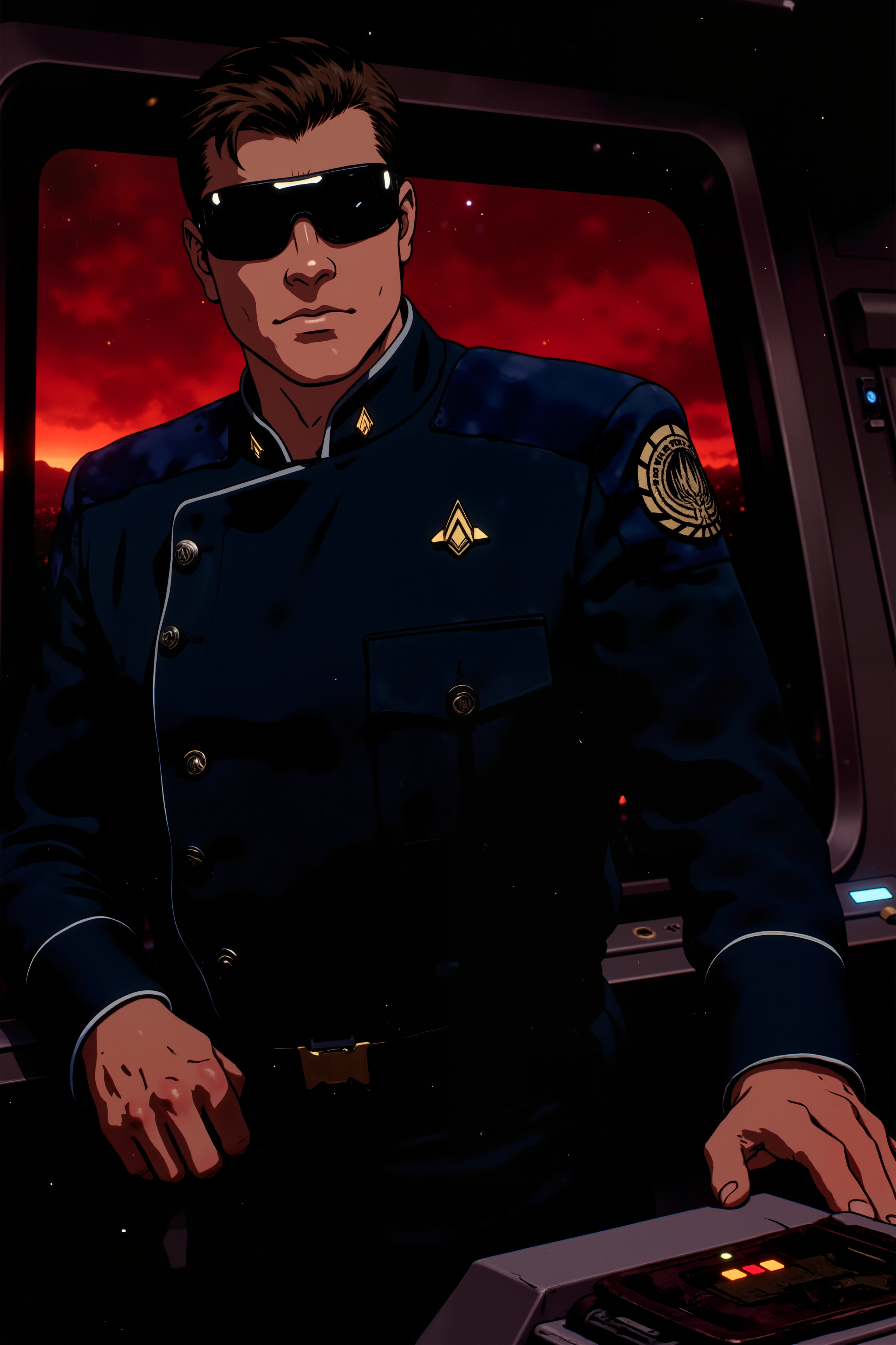 anime illustration, In the dimly lit command deck of a Battlestar, an officer with sharp, chiseled features and piercing blue eyes stands at the forefront of a massive viewport, gazing into the infinite blackness of space. His navy officer uniform, adorned with crisp silver insignias, is spotless, a testament to his unyielding discipline. The faint glow of tactical screens and blinking control panels reflects off the polished brass buttons of his jacket. Behind him, the faint hum of the shipâs engines reverberates through the air, accompanied by the occasional, muted voice of crew members relaying status updates. Outside, the stars stretch endlessly, their distant light dwarfed by the looming silhouette of a Cylon Basestar on the horizon. His left hand grips the edge of a console, white-knuckled, while his right hand rests on the sidearm holstered at his hip. The officerâs square jaw is set in grim determination as the faint flicker of explosions in the distance reveals a raging battle just beyond the Battlestarâs view. Around him, the deck is alive with tension, the muted red lighting creating an atmosphere of urgency. This is the moment of decision, where one command could tip the scales of a galactic war.<lora:BSG_OFFICER_FLUX:1.3><lora:RetroAnimeFluxV1:0.5><lora:NeonFantasyFLUX:0.3>