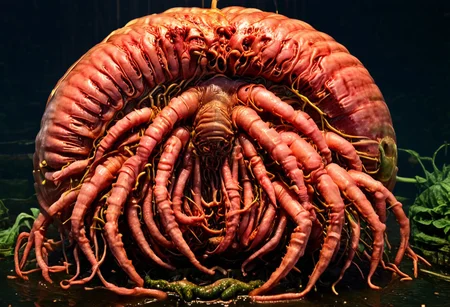 A cinematic photograph of a watermelon made of poly acrylic in the shape of a five headed morbidly obese woman, having sex with a yellow crayfish, in the style of Raphael,  Movie Still, Film Still, Cinematic, Cinematic Shot, Cinematic Lighting, JuggernautNegative, biopunkai, Disgusting, Globby, Goo, Yucky, Icky