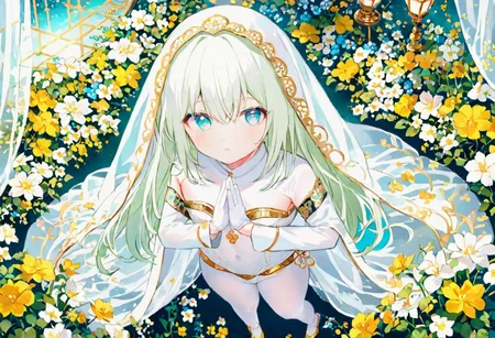 Best quality, masterpiece, fantasy flower garden, view from above, one petit priestess girl with flat chest, shining hands bound in prayer, standing upright, detailed light green long loose hair, priestess' veil, cute smooth face, gentle smile, detailed light blue eyes, detailed make up, jewelry, pure white clothes, shawl, white turtleneck leotard with long sleeves and gloves, slim waist, slim belly, thick clavicle, micro skirt, thick hips, thick thighs, white tights, heels