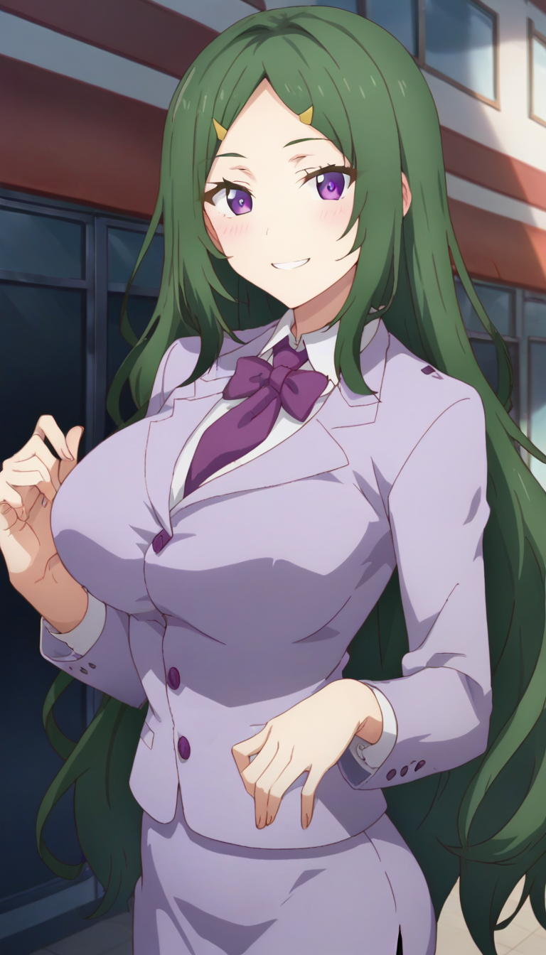 score_9,score_8_up,score_7_up,score_6_up BREAK official art,solo,outdoors,upper body,(portrait:1.5),looking at viewer,facing viewer,smile,blush,Iwazu Mogana,very long hair,green hair,hair ornament,hairclip,parted bangs,purple eyes,light purple jacket,Blazer,wing collar,purple necktie,white shirt,collared shirt,long sleeves,large breasts,skindentation,light purple skirt,pencil skirt,brown pantyhose,high heels,light purple footwear,<lora:Iwazu Mogana(dhh)-Pony:1.6>,