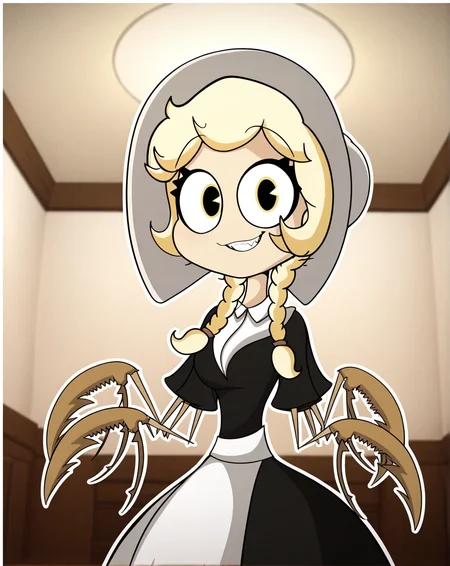 Cordie_Spidergirl, 1girl, solo, spider-girl, arthropod girl, yellow eyes, fair skin, spiky teeth, long hair, blonde hair, twin braids, pigtails, 4 arms, pale orange claws, extra arms, white coif, white-collared, black dress, white apron, dark room,pov,from below (smile, dutch angle, naughty pose, looking at viewer, indoors, elegant room, solo, dynamic pose, full_body, head tilt,),((white background, White frame, white outline))