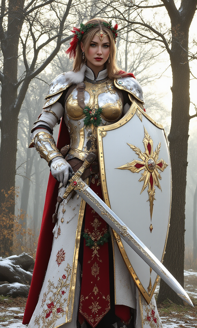 VALHERO shieldmaiden wearing Christmas haute couture armor and holding a shield and sword  <lora:ChristmasCouture.safetensors:1.0>