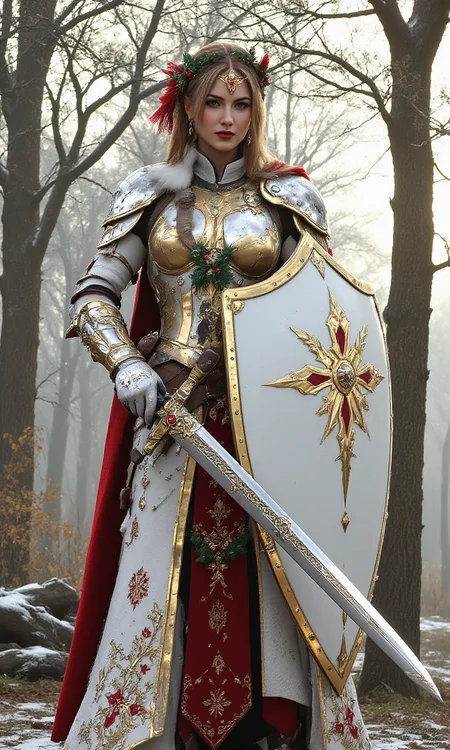 VALHERO shieldmaiden wearing Christmas haute couture armor and holding a shield and sword <lora:ChristmasCouture.safetensors:1.0>