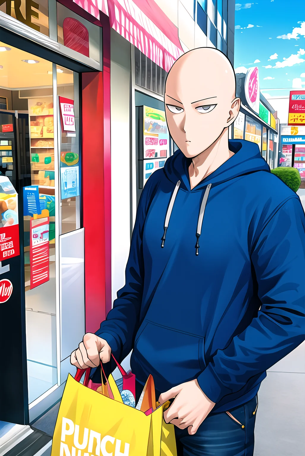 murata yuusuke, saitama \(one-punch man\),  one-punch man, 1boy, bald, casual clothes, shopping bag , white shirt, blue hoodie, outdoors,


<lora:murata_yuusuke:0.6>