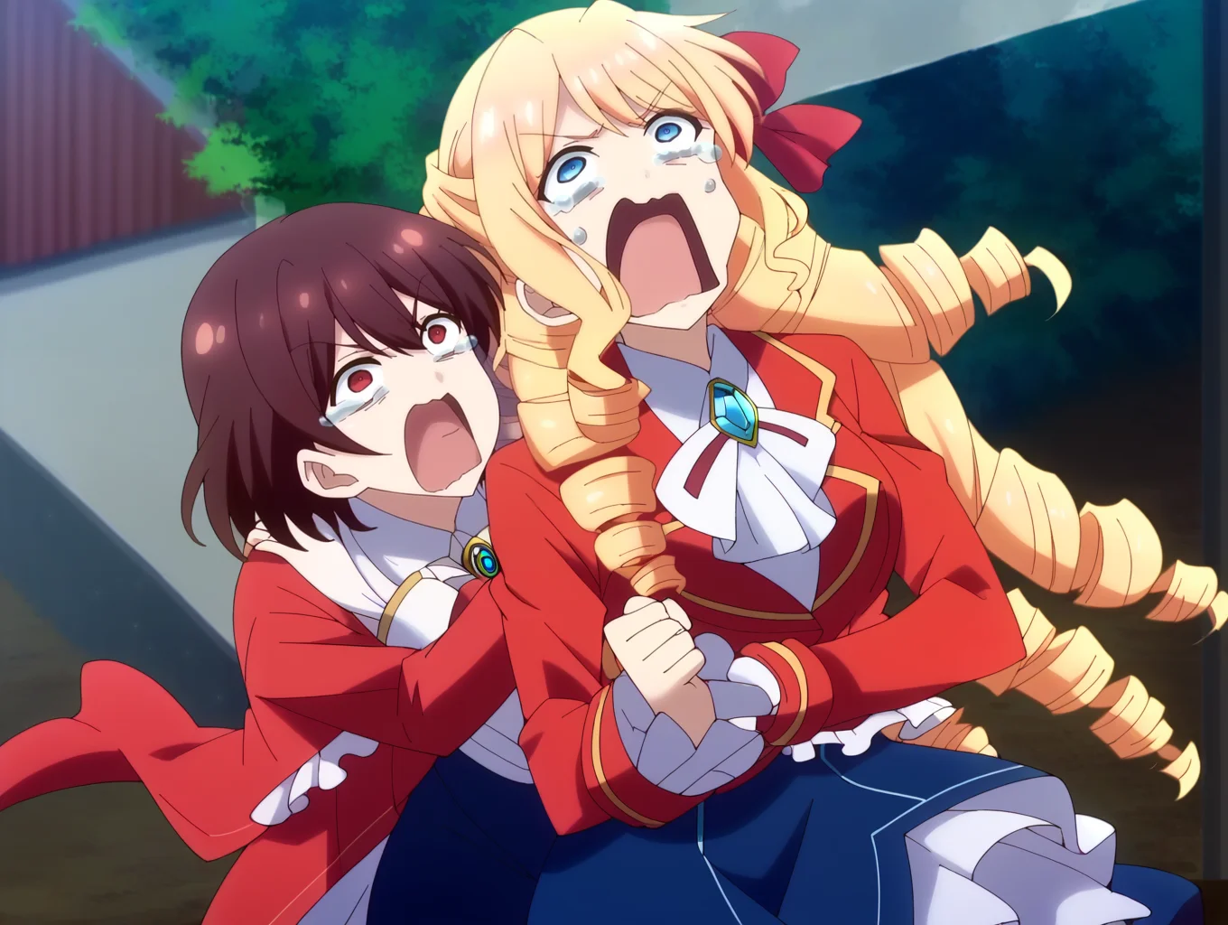score_9, score_8_up, score_7_up, score_6_up, score_5_up, score_4_up,, source_anime, BREAK,
,, <lora:wataoshi_reiclaire:1>,
wataoshi_claire, blonde hair, blue eyes, drill hair, long hair, (red hair ribbon), red jacket, long sleeves, blue skirt, white shirt, frills, white pantyhose, brooch,
wataoshi_rei, short hair,brown hair, red eyes, red jacket, long sleeves, blue skirt, white shirt, frills, black pantyhose, brooch,
2girl,
<lora:concept_aquascreaming_ponyXL:1>,aquascreaming, screaming, open mouth, crying with eyes open