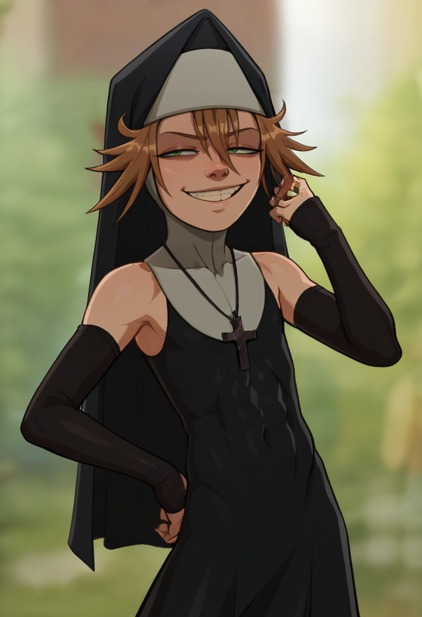 score_9, score_8_up, score_7_up,  <lora:add-detail-xl:3>,
BREAK
<lora:Sister_Theodosia:0.8>, toddy, brown hair, green eyes, habit, nun , nun dress, elbow gloves, cross necklace,
BREAK
solo, standing, smug,upper body,