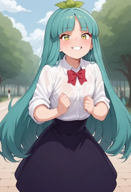 score_9, score_8_up, score_7_up, source_anime, (1girl),(solo)
BREAK,
HDA_MasterpieceXL_v.1,perfect hands
BREAK
1girl:   <lora:sandra ST300N-v:1>, sandra,tiny woman,petite,green eyes, blue-green hair, long hair, knee-length hair, three leaves on her head, flat breasts, white shirt, red bow, long skirt, black skirt,,short stature,
BREAK
standing,park