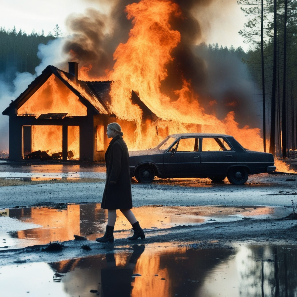 <lora:Kodak Motion Picture Film:1.2>  (Sharp Detailed Image)
An Oscar winning movie for Best Cinematography a woman walking through a puddle of water in front of a burning house and a car with big fire in the woods Kodak Motion Picture Film Style