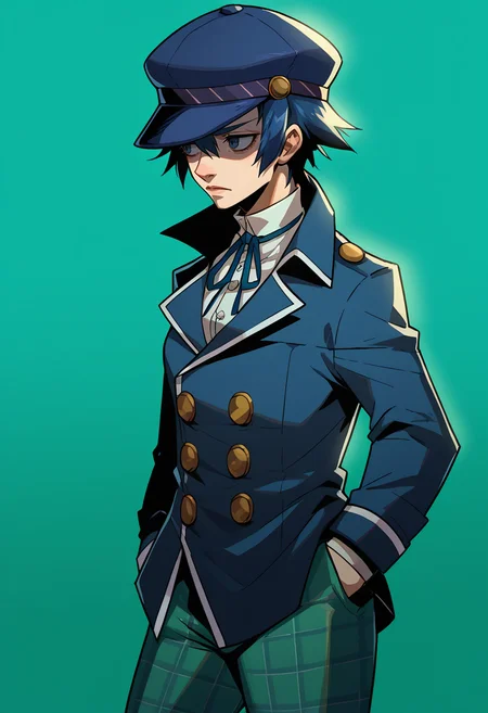 score_9, score_8_up, score_7_up, BREAK <lora:hades-guy-PONYv1:1>, shadow, portrait, 1girl, solo, <lora:persona4_shirogane_ponyXL:0.95> naotodetective, cabbie hat, blue coat, buttons, neck ribbon, long sleeves, green pants, plaid, partially shaded face, looking to the side, hand in pocket, leaning back,
