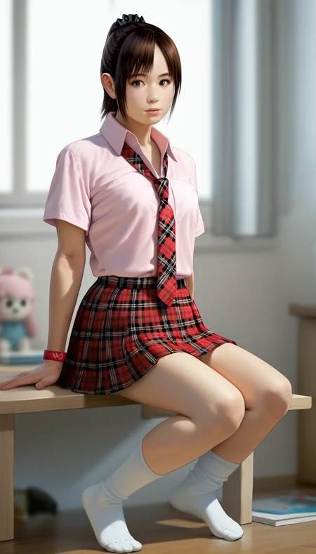 score_9,score_8_up,score_7_up,<lora:MiiyamotoHikari>,
miiyamotohikari,
highres,bloom,Volumetric Lighting,photorealism,
1girl,solo,black hair,bangs,black scrunchie,brown eyes,pink collar shirt,red plaid skirt,red plaid necktie,red wristband,white socks,no shoes,full body,sitting,blurry background,simple background,indoors,bedroom,