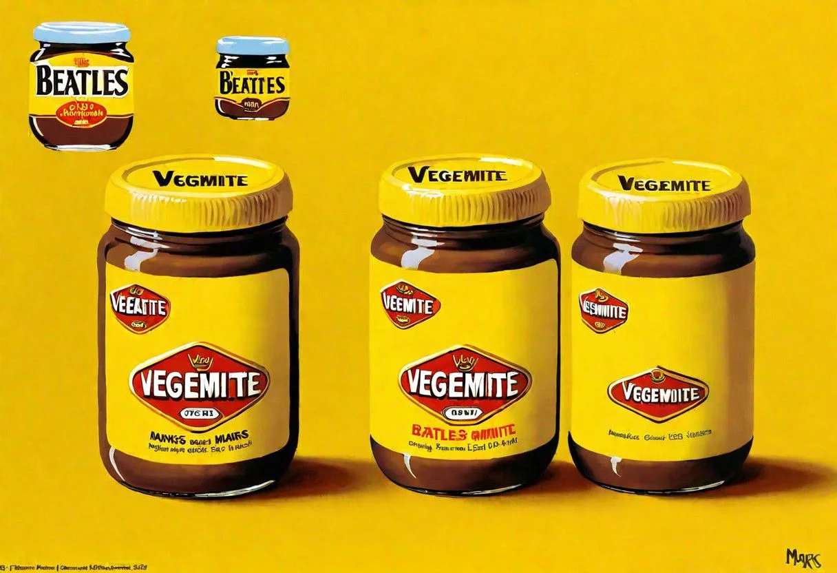 VegemiteArt, Beatles album cover by Peter Marks, Surrealism, Pop Art, Jars of Vegemite on a Yellow Submarine, OseaDuskIsland CS-OBG , 1960s album cover art, Vegemite spread memecore art FobEnd