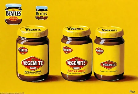 VegemiteArt, Beatles album cover by Peter Marks, Surrealism, Pop Art, Jars of Vegemite on a Yellow Submarine, OseaDuskIsland CS-OBG , 1960s album cover art, Vegemite spread memecore art FobEnd
