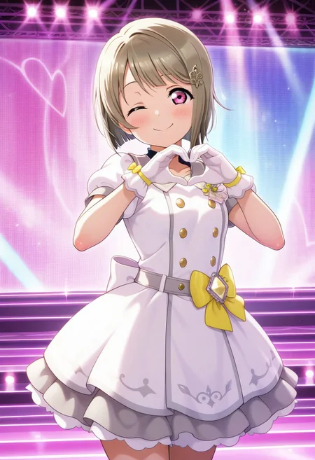 masterpiece,best quality,amazing quality,nakasu kasumi, grey-brown hair, short hair, light magenta eyes, 1girl, stage, one eye closed, solo, heart hands, dress, gloves, hair ornament, heart, smile, bow, white gloves, heart hand