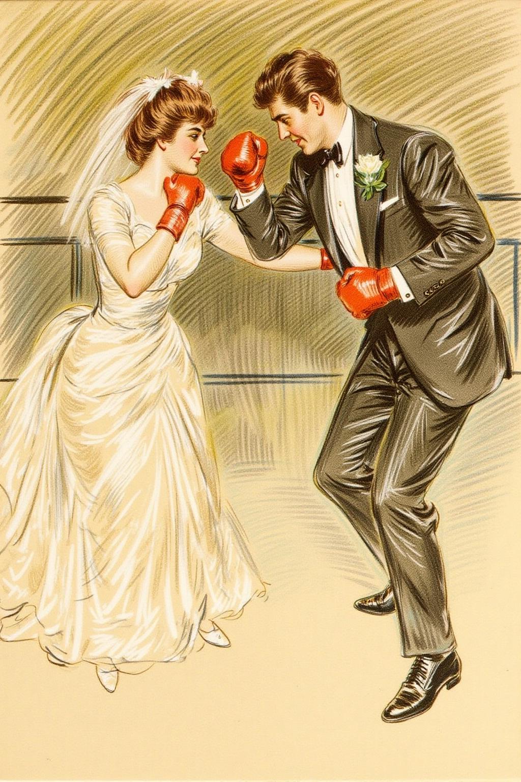 paulcesarhelleu1 illustration of a man and a woman boxing at a wedding.
 <lora:paulcesarhelleu1_cap_d6a3e11:0.8><lora:844406693983964256:0>