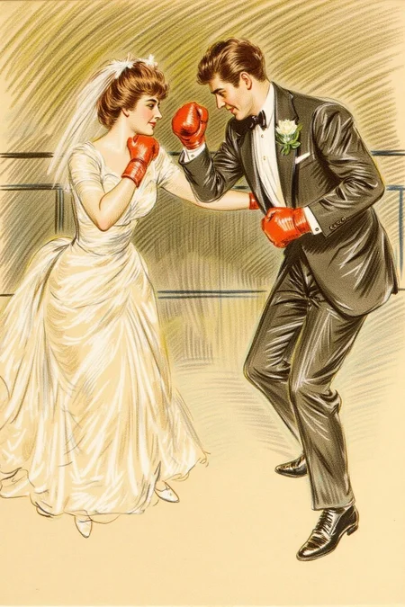 paulcesarhelleu1 illustration of a man and a woman boxing at a wedding.
<lora:paulcesarhelleu1_cap_d6a3e11:0.8><lora:844406693983964256:0>